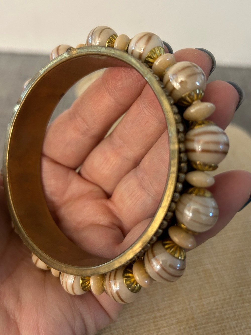 Glass Beaded and brass Women’s bangle Bracelet Cream, gold